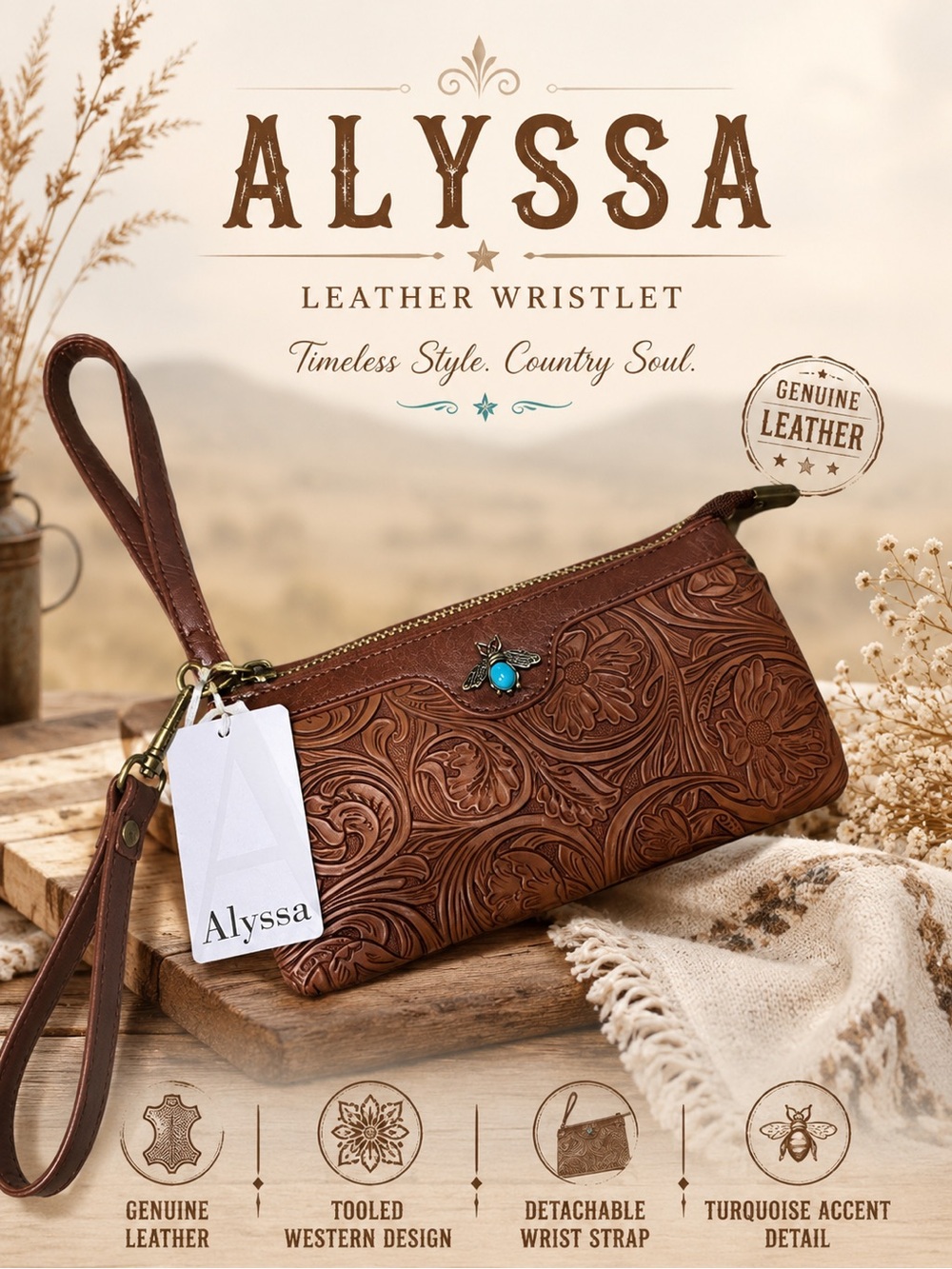 Alyssa Brown Tooled Leather Wristlet with Turquoise Accent